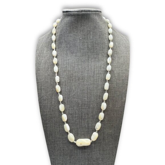 Unsigned Jewelry - Vintage 21" Mother Of Pearl Beaded Necklace Sterling Silver